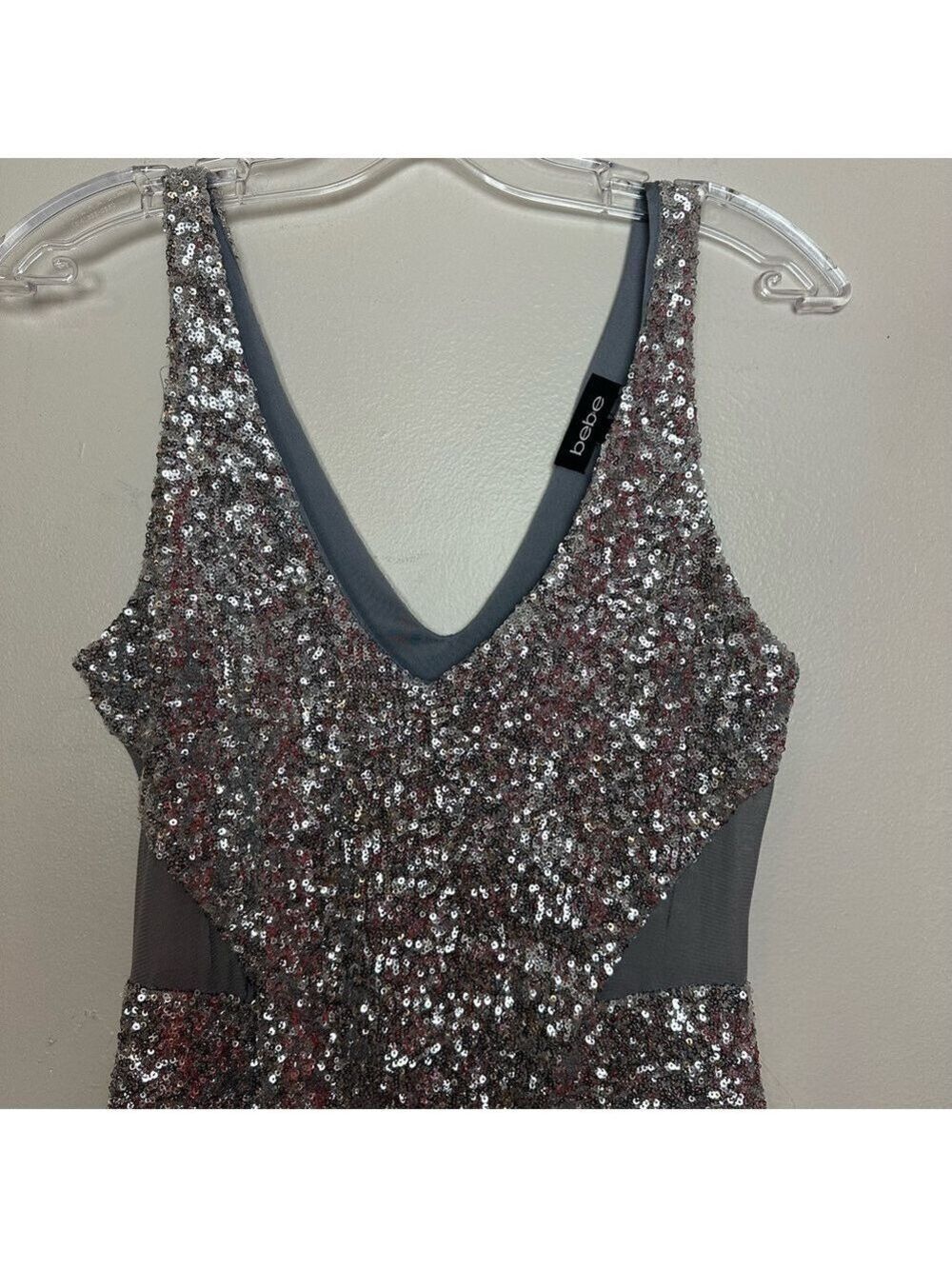 Bebe Silver Sequin Bodycon Sleeveless Mini Dress with Mesh Cutouts - Picture 10 of 14
